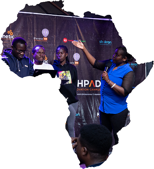 Team collaborating inside a map outline of Africa