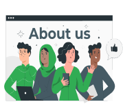 A group of diverse people looking at an 'About us' page